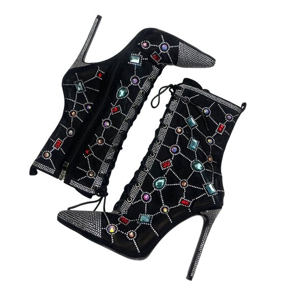 Azalea Wang Diamond Dream Lace Up Gem Black Mesh Jewel Booties Size 8 Ladies - Picture 2 of 16